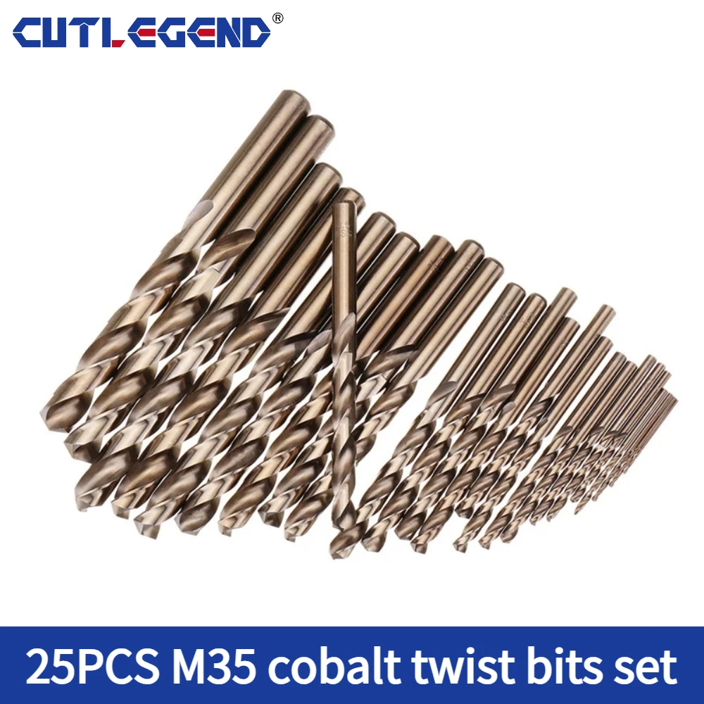 25Pcs M35 5% Cobalt HSS Twist Drill Bit Set 1.0-13mm Straight Shank Metal Drill Bits for Stainless Steel with Iron Box / PE Bag