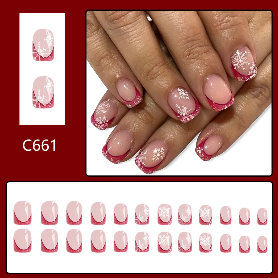 24 pçs sparking vermelho estilo francês imprensa em unhas para o natal branco floco de neve padrão unhas falsas curto redondo manicure artificial