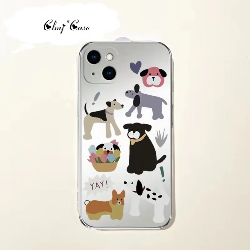 

Clmj Korean Cute Dog Phone Case For iPhone 13 Mini 11 12 14 Pro Se 2020 XR X XS Max 7 8 Plus Silicone Plated Silver iPhone Cover