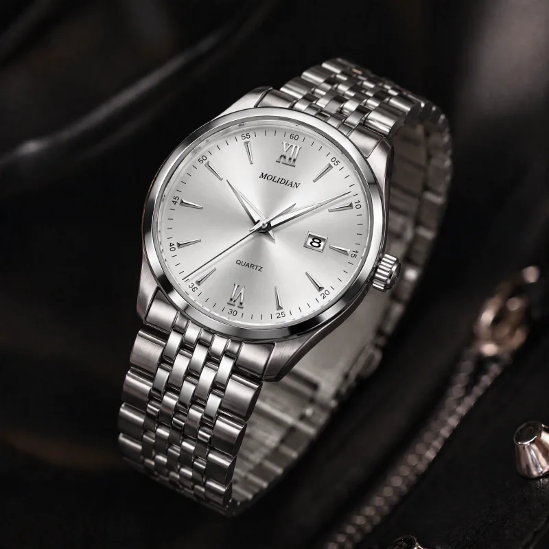 Men Quartz Watch Silver Dial Roman Numerals Date Stainless Steel Bracelet Business Waterproof Wristwatch-69