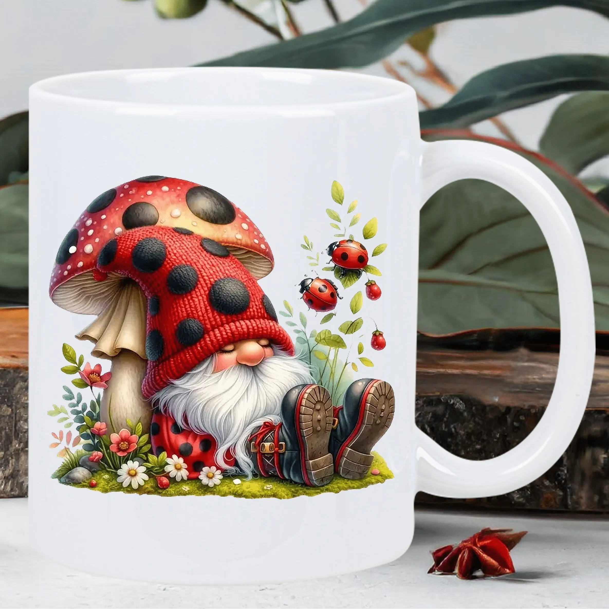 Cute Gnome Ceramic Mug - Adorable Mushroom and Ladybug Design, Perfect Gift for Coffee and Tea Lovers, Unique Novelty Present