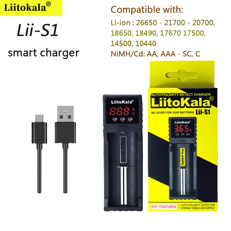 Liitokala Lii-S1,Single Slot Battery Charger,18650 Charger,21700 Charger,NiMH NiCd Charger,Li-Ion LiFePO4 Smart Charger,LCD