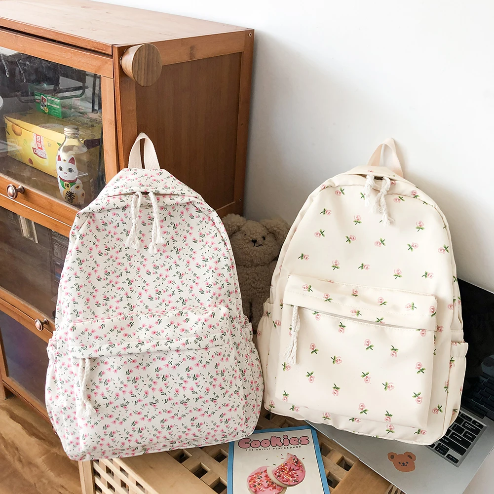 Women Simple Floral Backpack Large Capacity Travel Laptop Rucksack Adjustable Strap Flower Book Schoolbag Students Daily Bag
