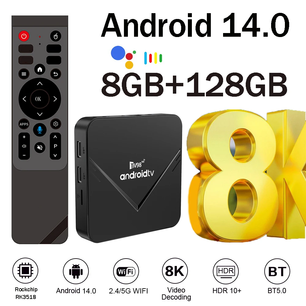 TV-Box Android 14 Media Player Rockchip RK3518 TV98 ATV X13 4G 5G Dual Wifi6 8K 4K BT5.0 Sprachfernbedienung 128G Smart Quad Core IPTV