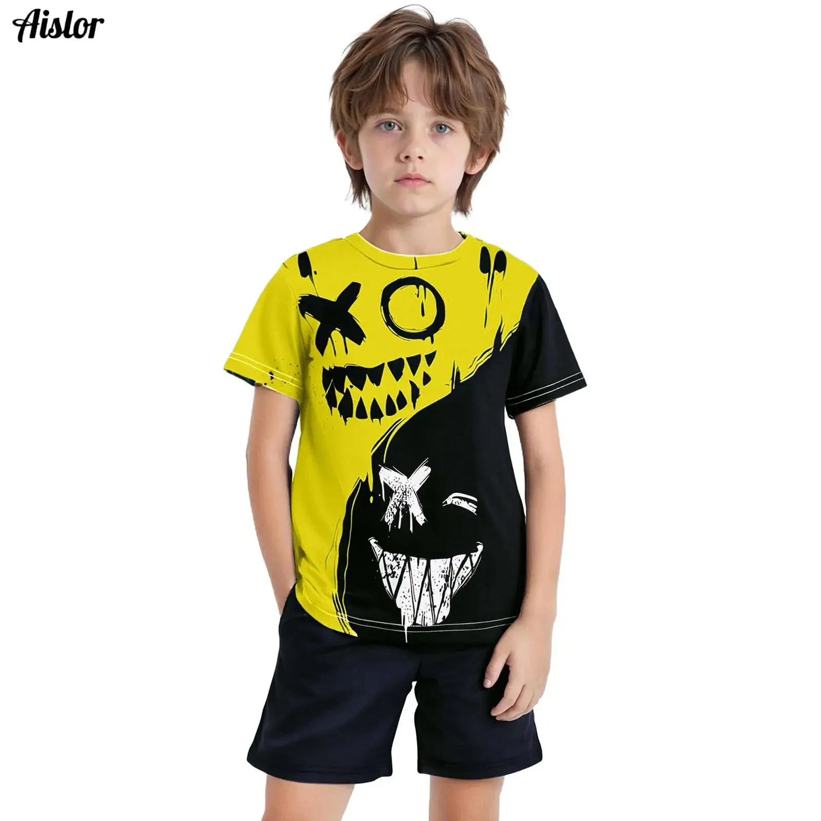 

Kids Boys 2-Piece Print Sports Outfit Summer Quick-Drying Tracksuit Short Sleeve Color Block T-shirt with Drawstring Shorts
