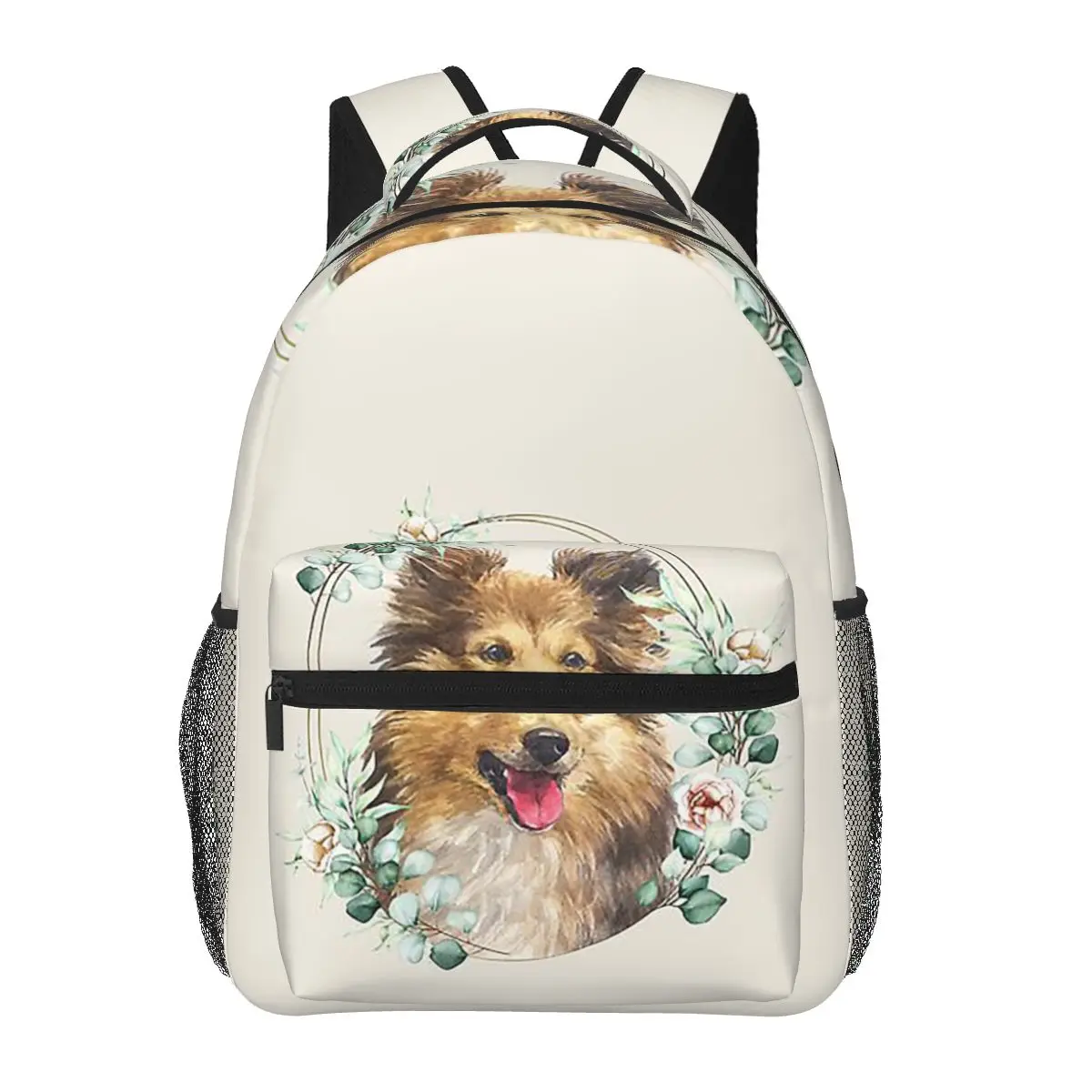 Shetland Sheepdog In A Floral Gold Wreath Frame Backpacks Boys Girls Bookbag Children School Bags Kids Rucksack Shoulder Bag