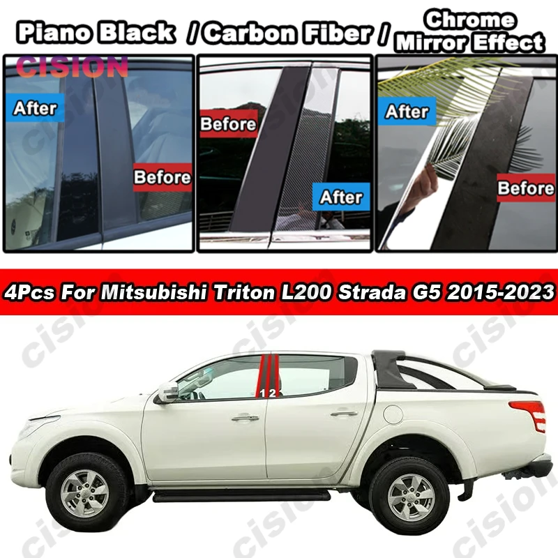 Door Center Middle B C Pillar Post Cover Trim For Mitsubishi Triton G5 2015-2023 Carbon Fiber Black Chrome Window Column Sticker