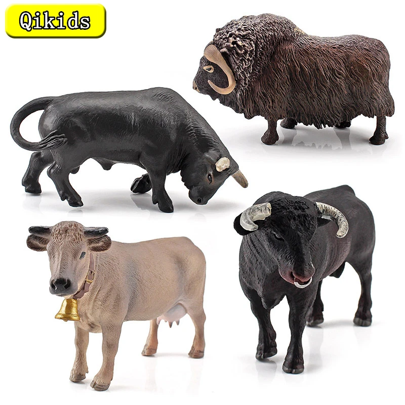 Figurines d'action en PVC pour enfants, 4 modèles, simulation d'animaux de ferme mignons, vache, bétail, taureau, modèle, leone nition dos, jouets mignons, cadeau d'anniversaire