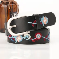 Embroidered Flowers Leather Women's Belt Fashion Casual Luxury Design Simple Versatile Jeans Goth Retro Pin Buckle Waistband New