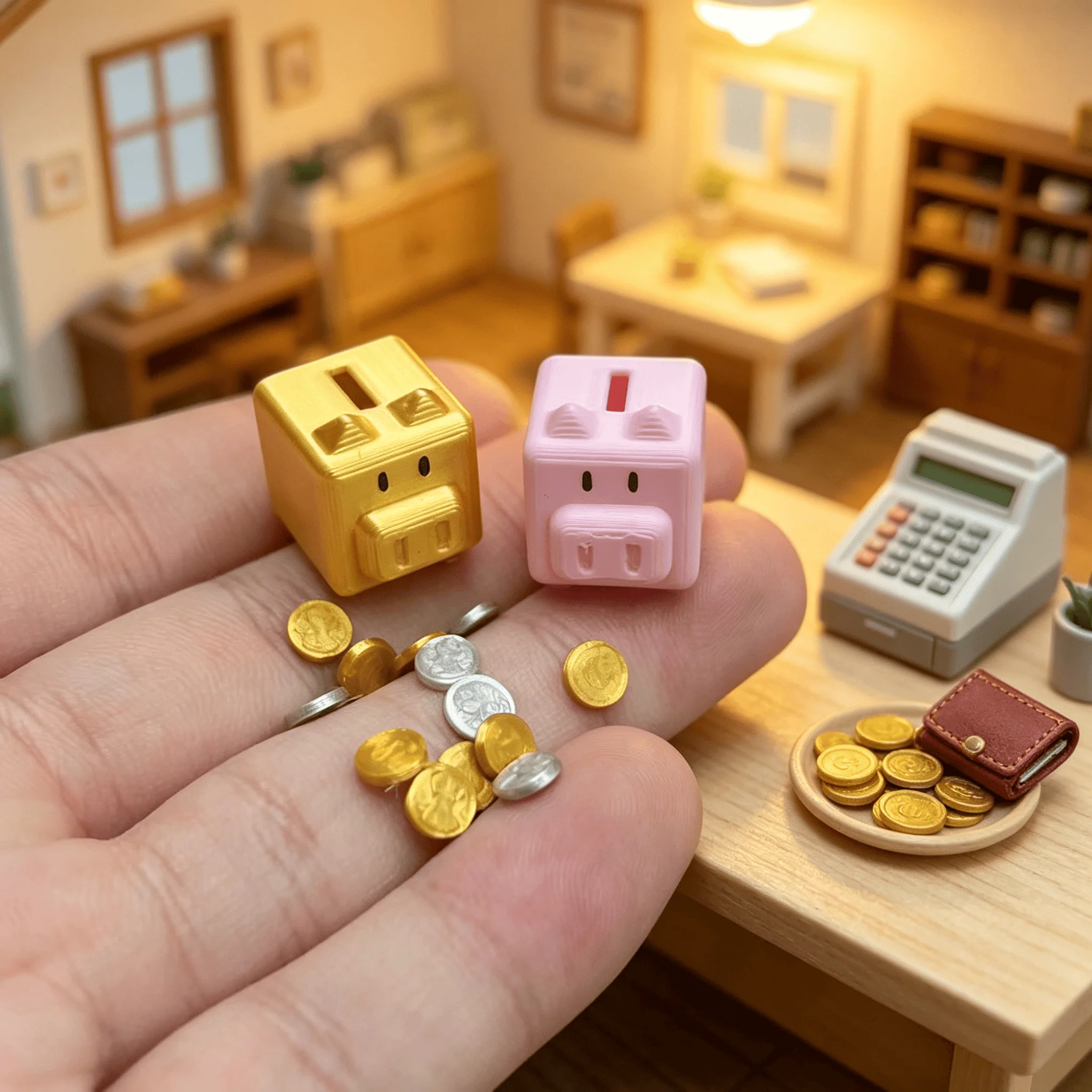 1/12 Miniatur Quadratische Spardose mit Gold- und Silbermünzen Puppenhaus-Ornament Modell-Szenen-Requisite – Detail 1