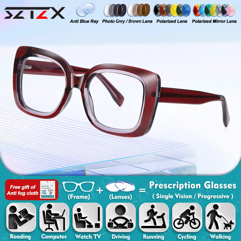 

SZTZX High Quality Square Frame Design Optical Prescription Myopia Glasses Women Blue Light Blocking Progressive Reading Eyeware