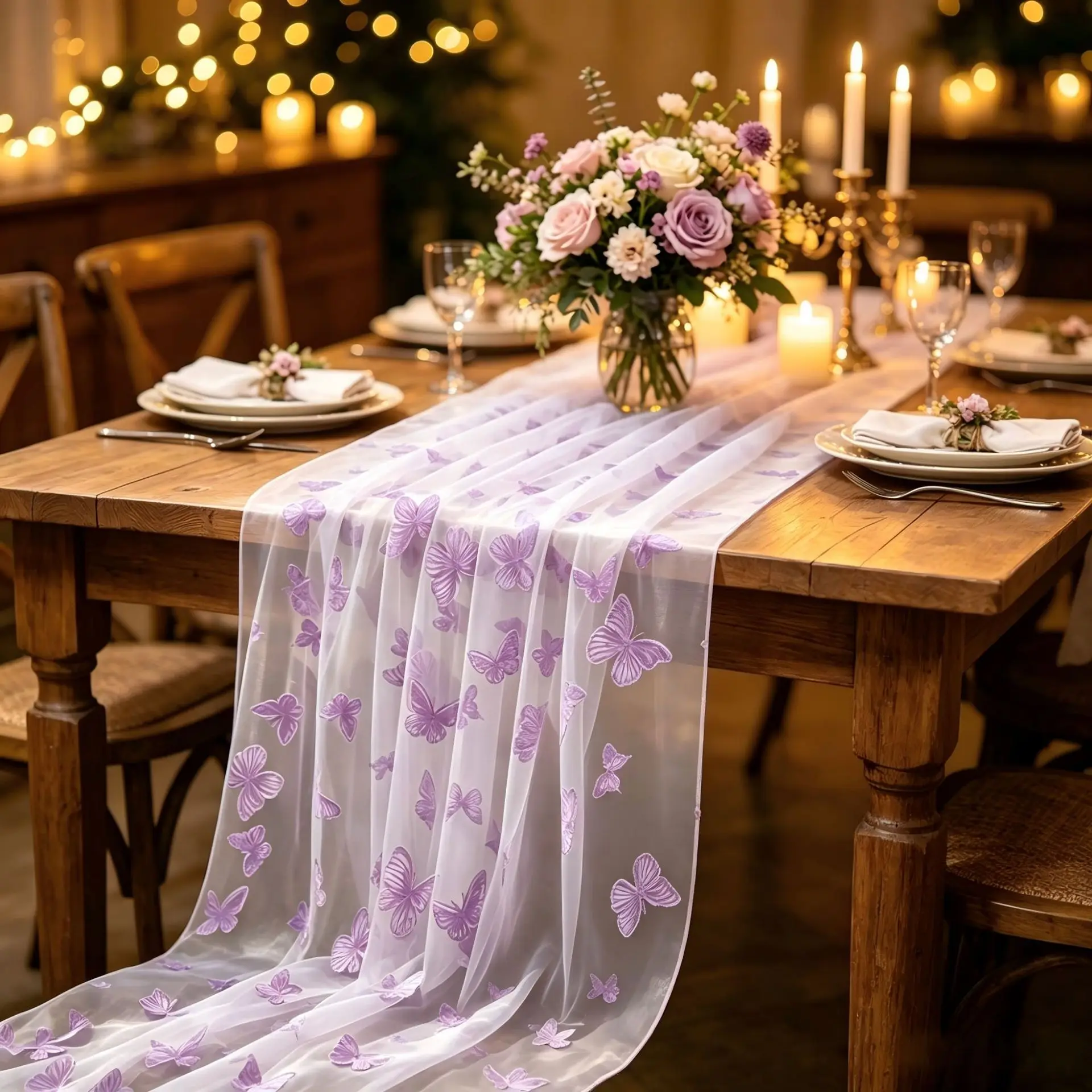Chemin de table en tulle nylon floqué motif papillon, nappe imprimée en maille transparente pour décoration de table de mariage, fête de jardin, salle à manger