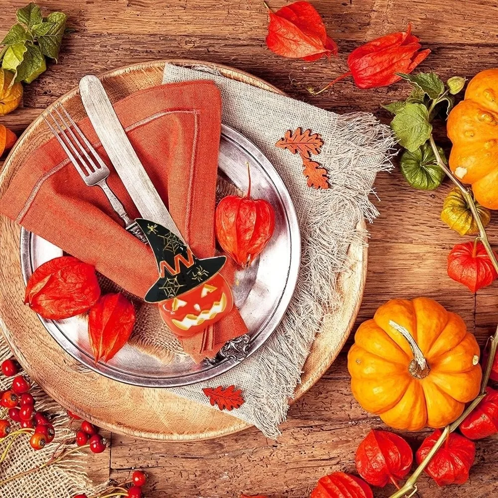 6pcs Enamel Metal Pumpkin Napkin Ring Vibrant Orange Smooth Edge Witch Hat Buckle Waterproof Reusable Halloween Table Decor