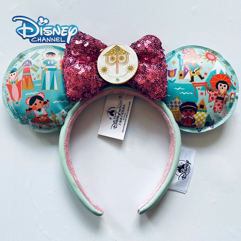 Disney A Small World Ear Headband For Adults - PU Leather Sequin Bow Disneyland Headwear