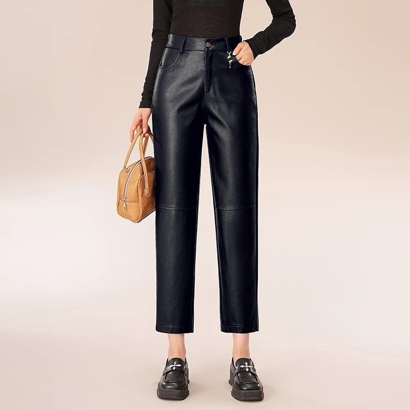  Women PU Leather Pencil Pants Autumn Winter Elastic Waist Warm Ankle-Length Pants Elegant Leather Trousers