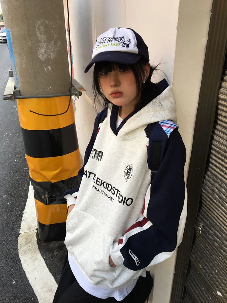 

American Style Oversize Hoodie Color Block Patchwork Women's Sweatshirt Spring Autumn Design Street Style Outerwear