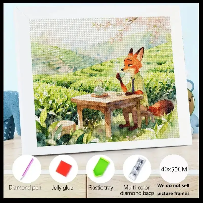 

1 шт. 5D полный дрель квадратный алмазный набор для рисования, DIY мультфильм Ника Уайлд Лиса питьевой чай в живописном зеленом чайном поле пейзаж, Zoot