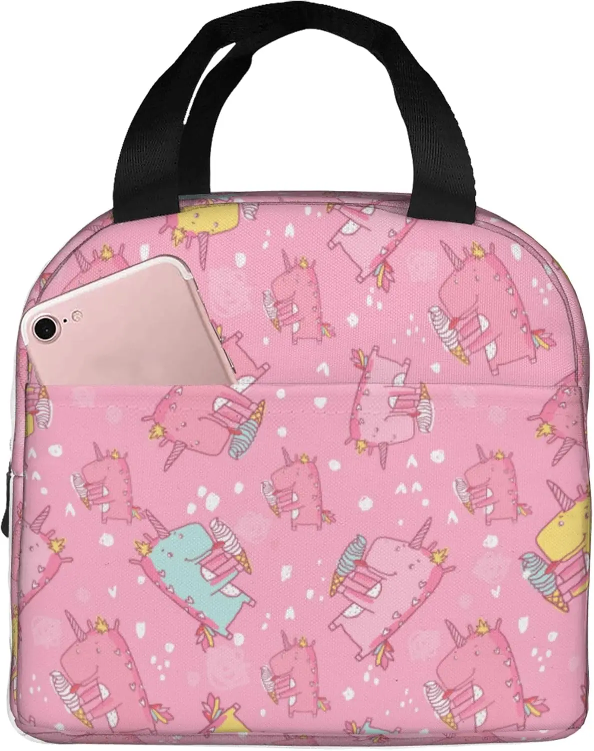 Pink Bow Pattern Lunch Bag, Unisex Reusable Insulated Lunch Tote Box, Girl Women Cooler Food Handbags Case High Capacity