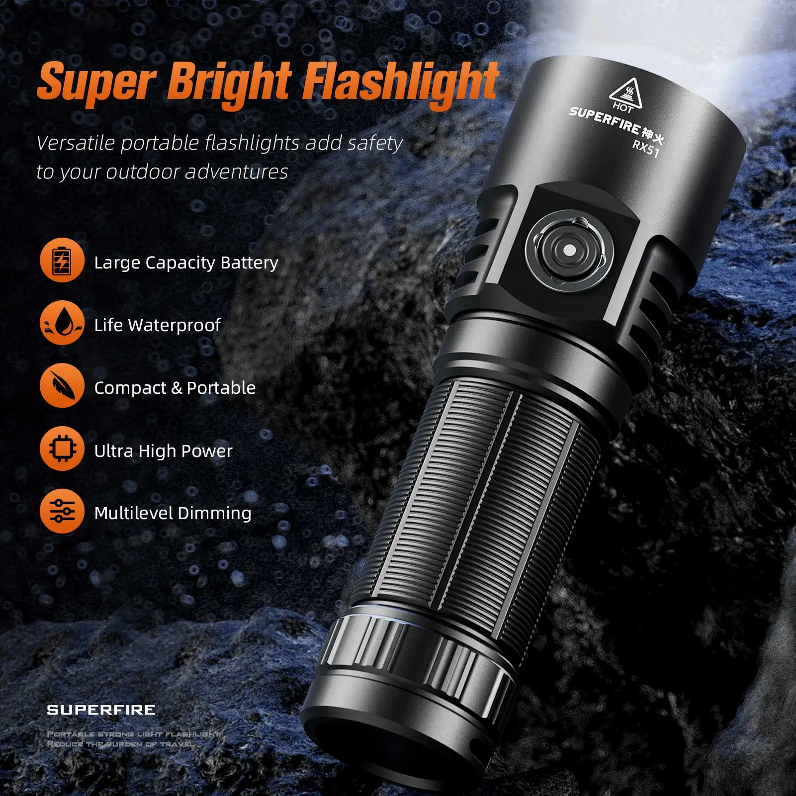 SUPERFIRE RX51 Super Bright 5000LM flashlight 60W High power led  Torch With 3 lamp beads Type-C Rechargeable Camping Flashlight