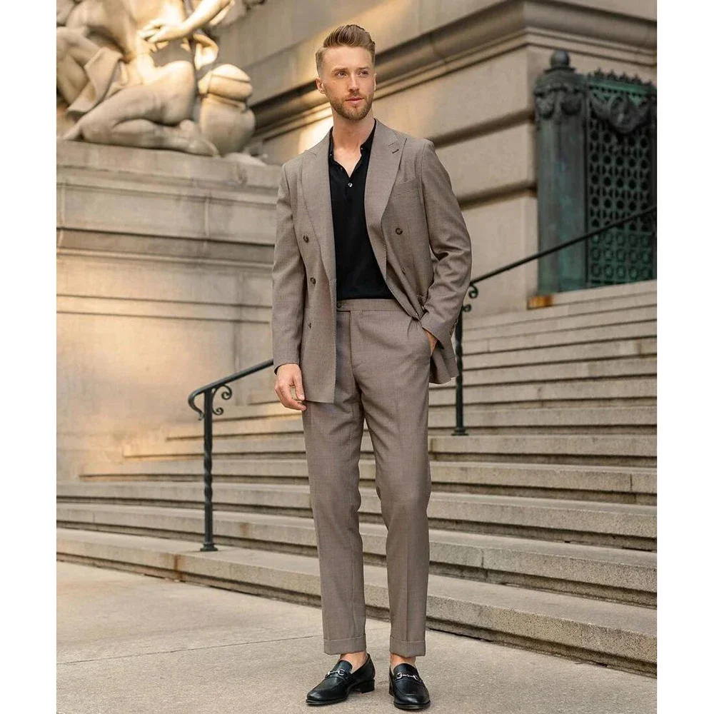 2024 Double Breated Peak Lapel Brown Regular Length Flat Men Suits Loose Handsome Outfit 2 Piece Jacket Pants Luxury Wedding Set