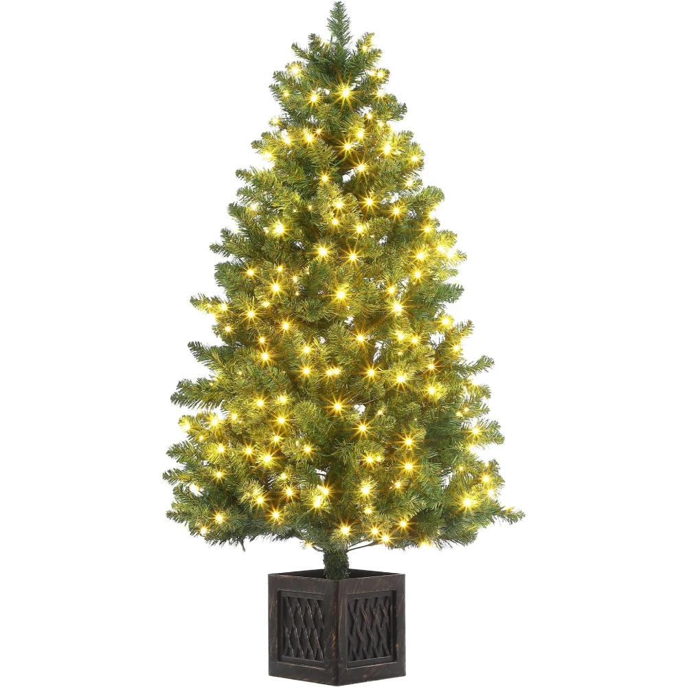 1pc 4.5FT Pre-Lit Artificial Christmas Tree Tabletop with 300 Warm White Lights, Potted Christmas Tree with Berry Clusters