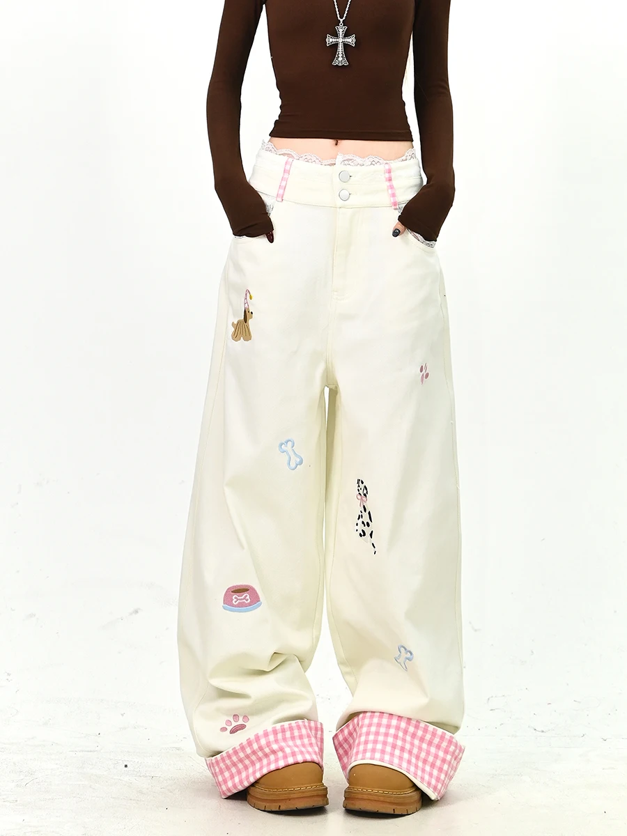 

Casual Plaid Lace Long Pants Women's Spring 2026 New Loose BF Lazy Dragging Trousers Comfortable Wide Leg Pants