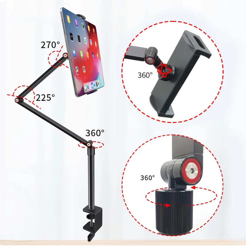 New 360 Rotation Aluminum Clamp Mobile Phone Stand Live Broadcast Tablet Stand Desk Table Clip Phone Holder Tablet PC Stand