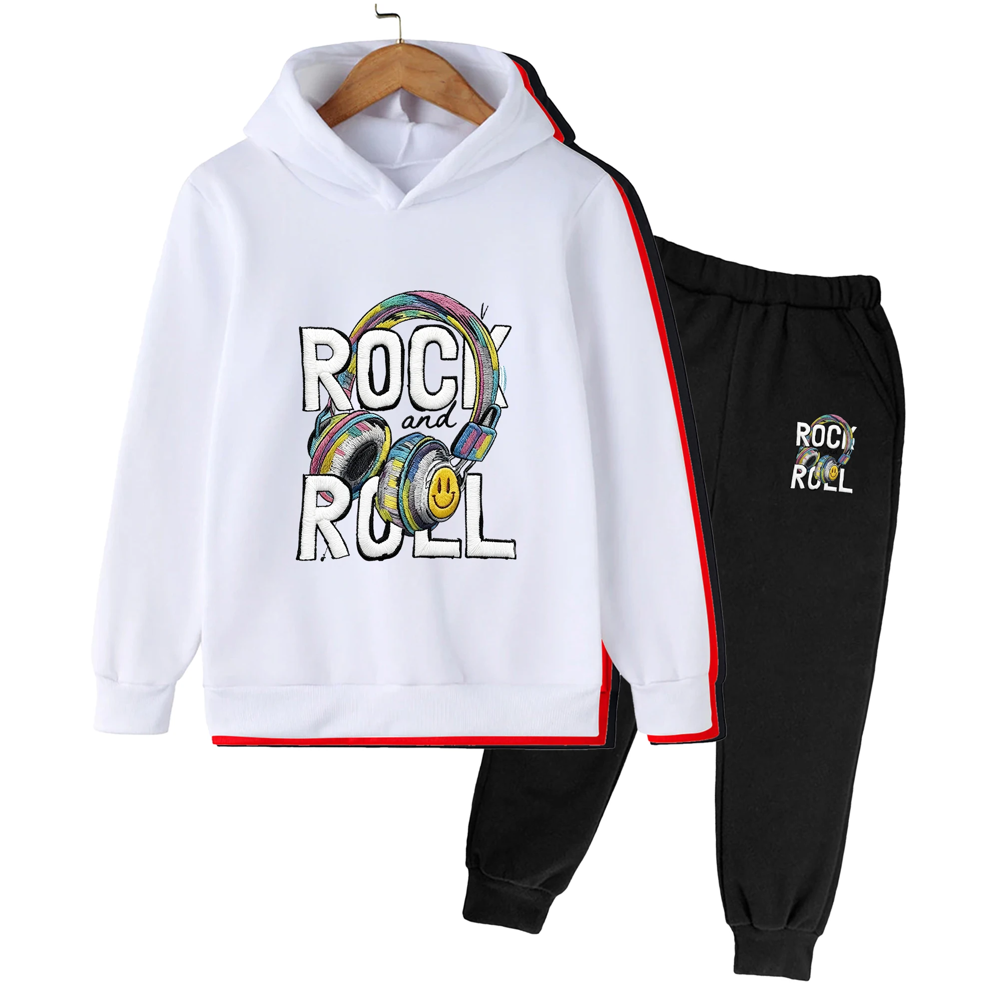 Children Clothing Sets Rock And Roll Headphones Smiley Printed Boys Girls Hoodies + Sweatpants Suit 3-14Y Autumn Warm Fleece