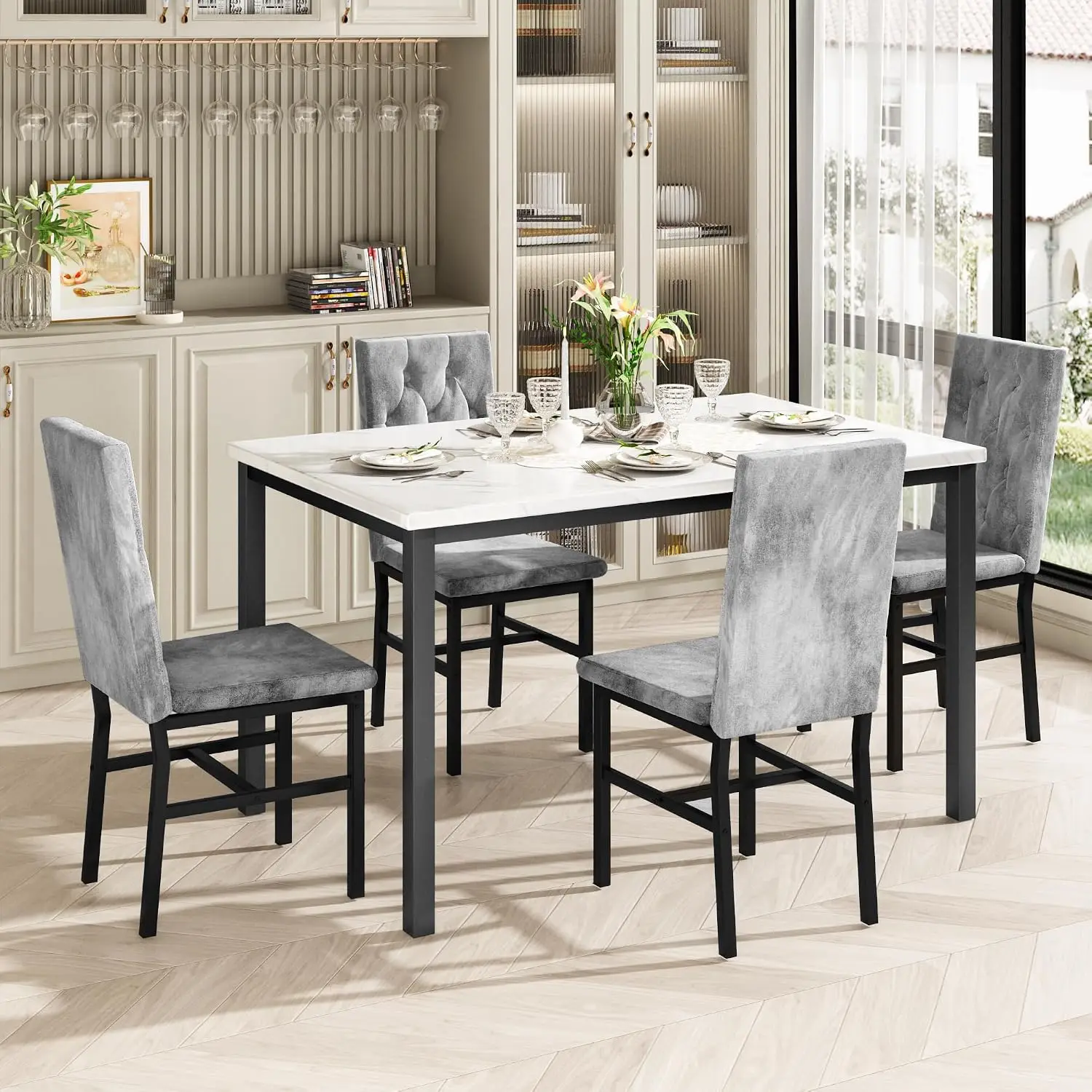 Dining Table Set for 4, Faux Marble Small Kitchen Table Chairs Set of 4 with Luxurious Button Tufted Dinner Chairs for, Custom image 4