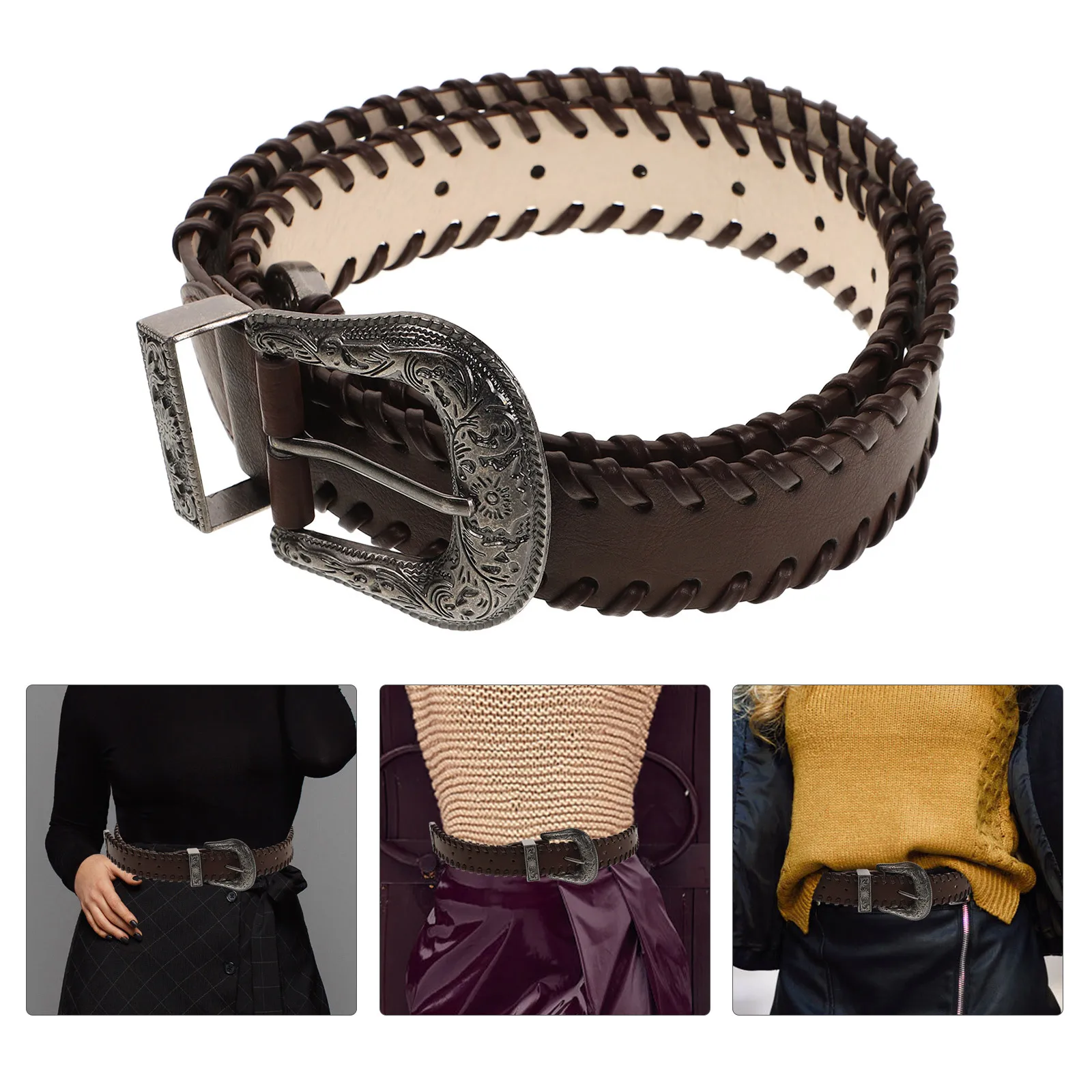 

Vintage Coffee Color Belt for Women Wide Adjustable Waist Belt Stylish Buckle Dress Accessory Casual Formal Outfits