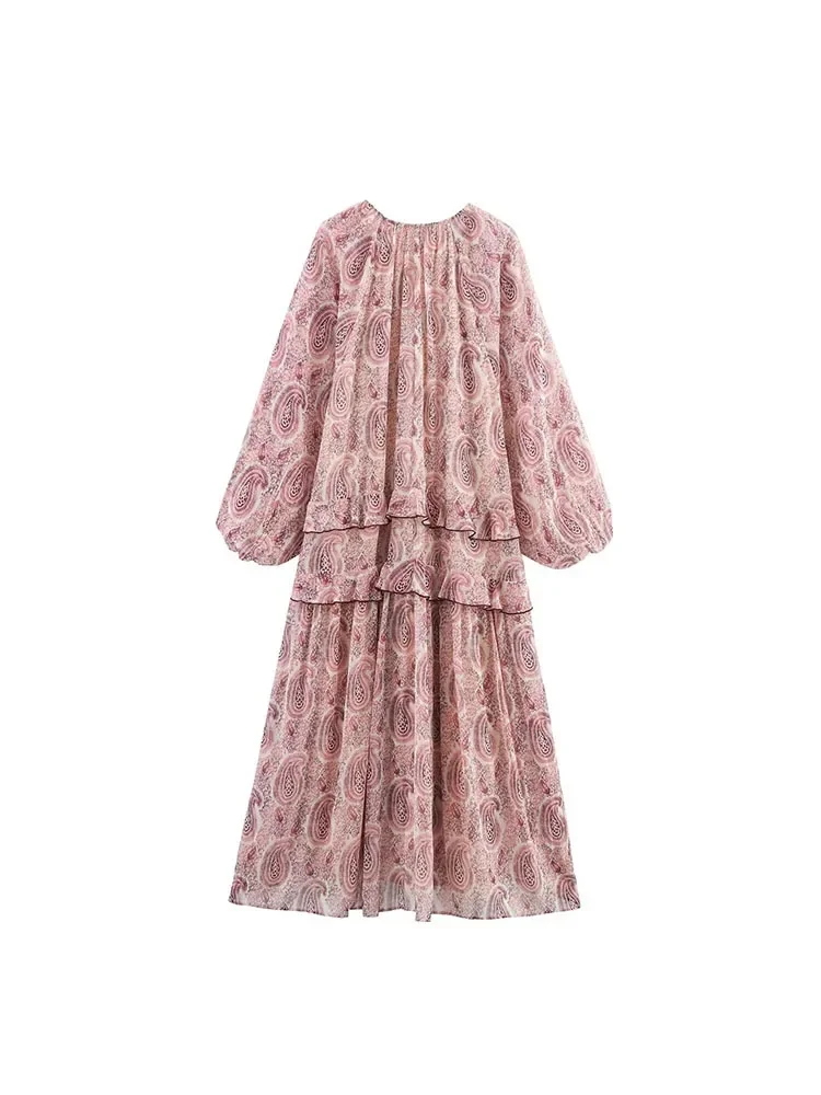2025 ชุดสตรีฤดูร้อนVINTAGEพิมพ์ชีฟองVคอCascading RuffleแขนยาวหญิงElegant Street Dressesเสื้อผ้า