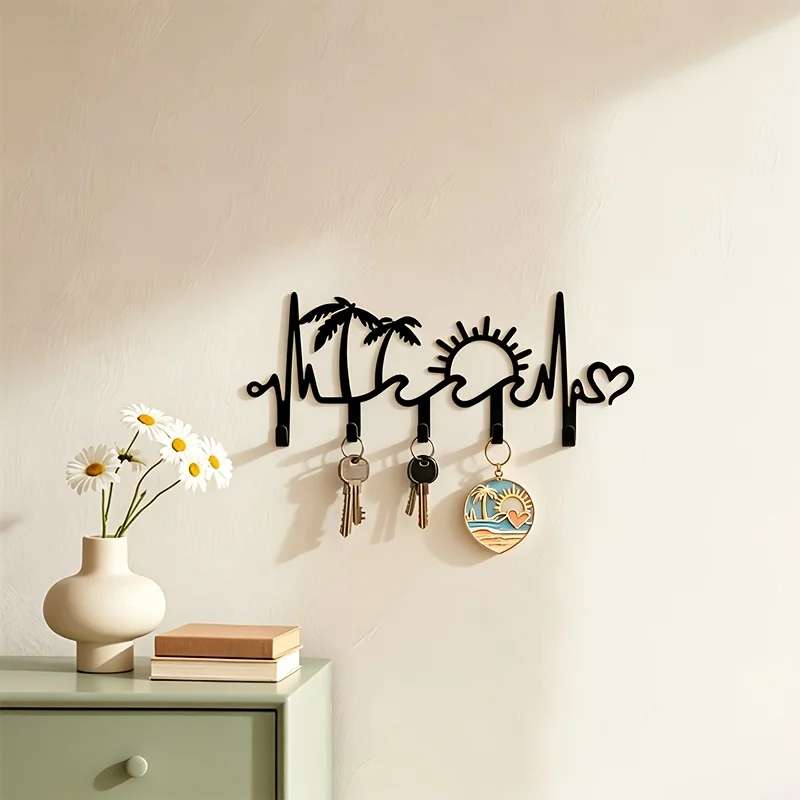 CIFBUY Boho Beach Metal Wall Hook Heartbeat Palm Tree Sunset Silhouette Key Holder Decorative Coat Hanger for Entryway Hallway B view 3
