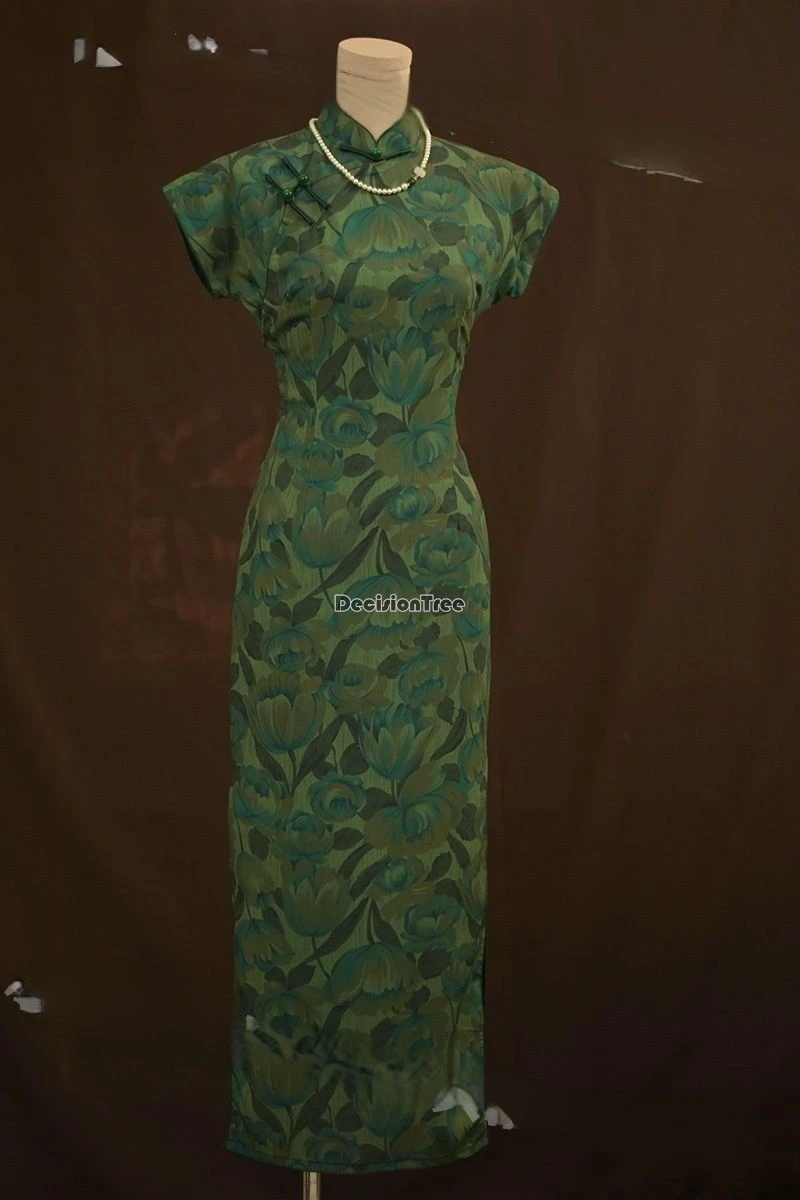 

2025 new green retro long chinese-style modified cheongsam dress women summer stand collar short sleeve slimming elegant qipao
