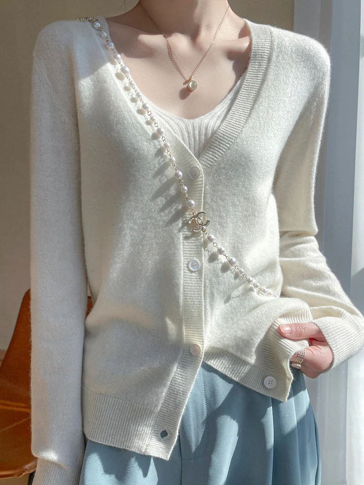 

New Women's Cashmere Cardigan V-neck Long Sleeve Sweater Spring Autumn Winter 100% Cashmere Knitwear Basic Preppy Style Top
