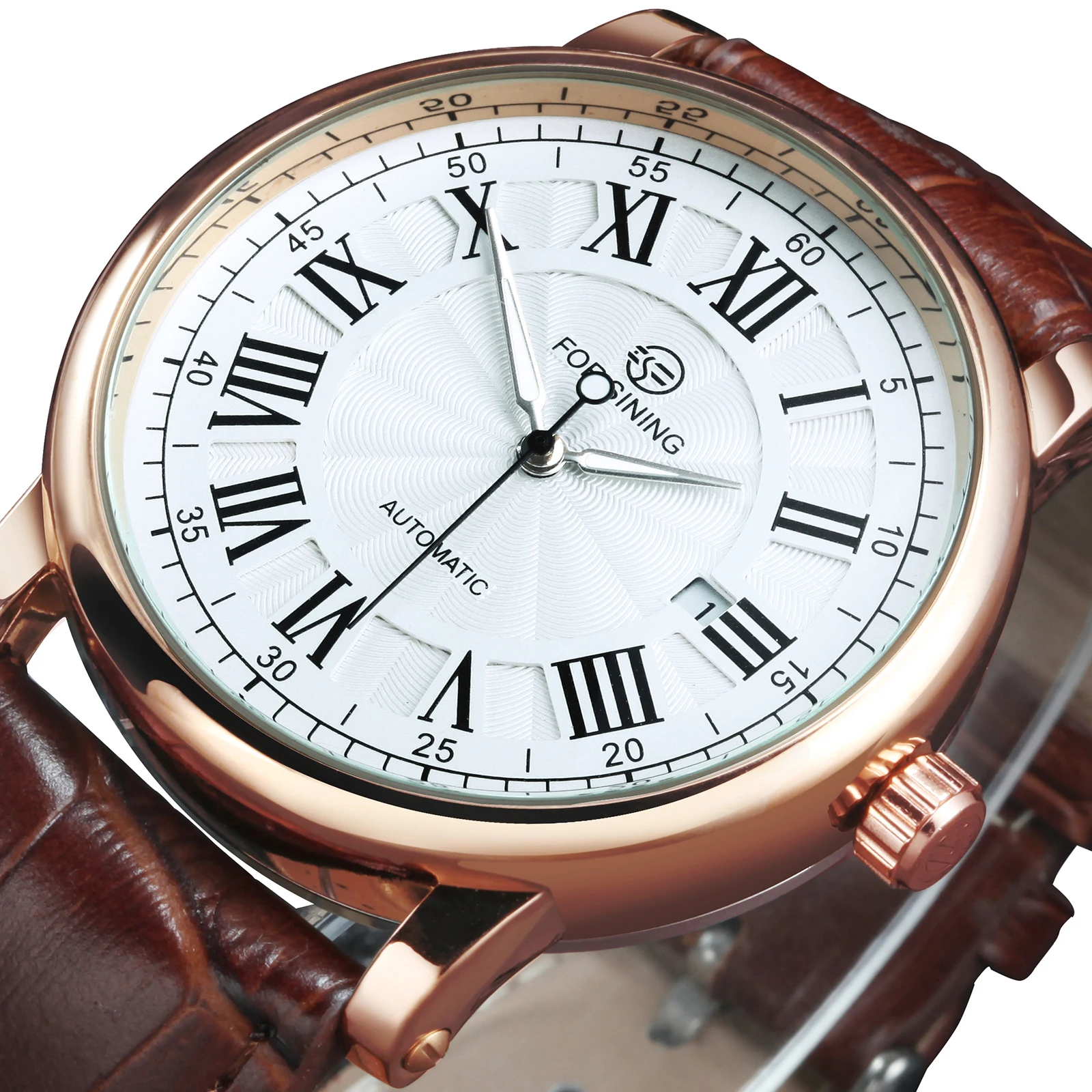 

Forsining Classic Business Automatic Mens Watch Rose Gold Case Calendar Luxury Brand Brown Leather Belt Retro Mechanical Watches