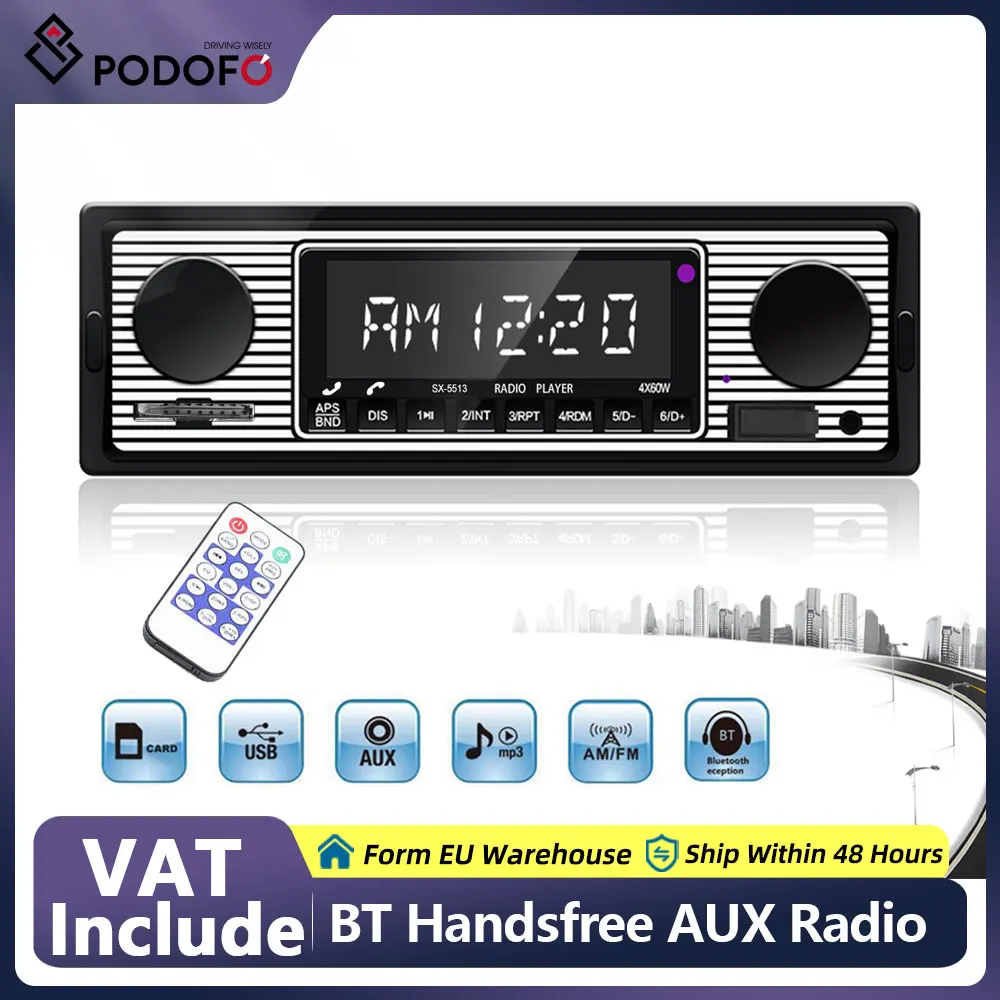 Podofo 1Din Car Radio Stereo Bluetooth FM Audio Music MP3 Player Cellphone Handfree Digital USB/SD with In-Dash AUX Input 12VMP3