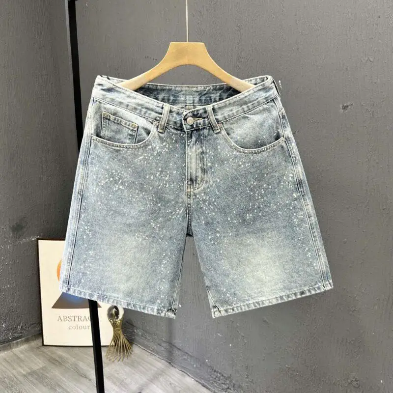 American Style Casual Retro Hole Denim Shorts Men's Straight Loose High Street Five-Point Pants Summer Fashion Trend