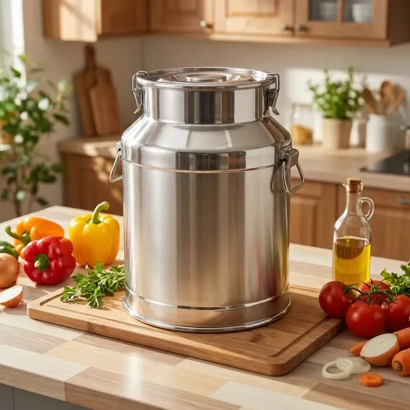 Durable Modern Stainless Steel Barrel Food Storage Container with Lid 28L Capacity Sustainable Design for Kitchen Use