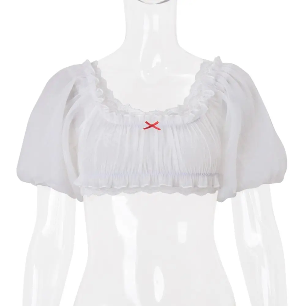 

Fashion Ruffle Lace T-shirt Pullover Slim Fit Short Sleeve T-shirt Chic Lantern Short Sleeve Bowk Y2K Crop Top Summer