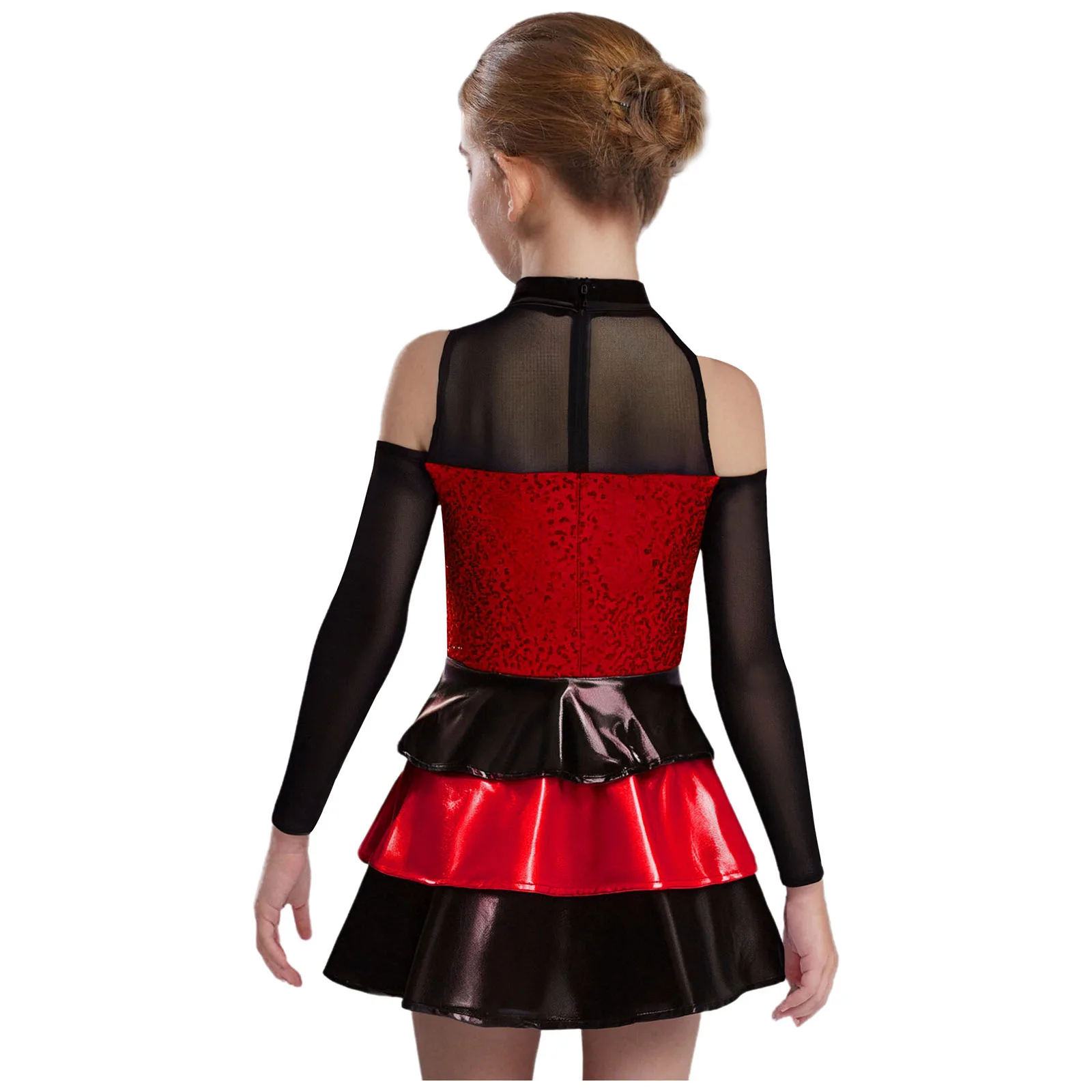 Robe de danse pour filles, Patchwork, valse, Jazz, salle de bal, manches longues, brillante, à plusieurs niveaux, à volants, Mini robe pour vêtements de danse sur scène Jazz