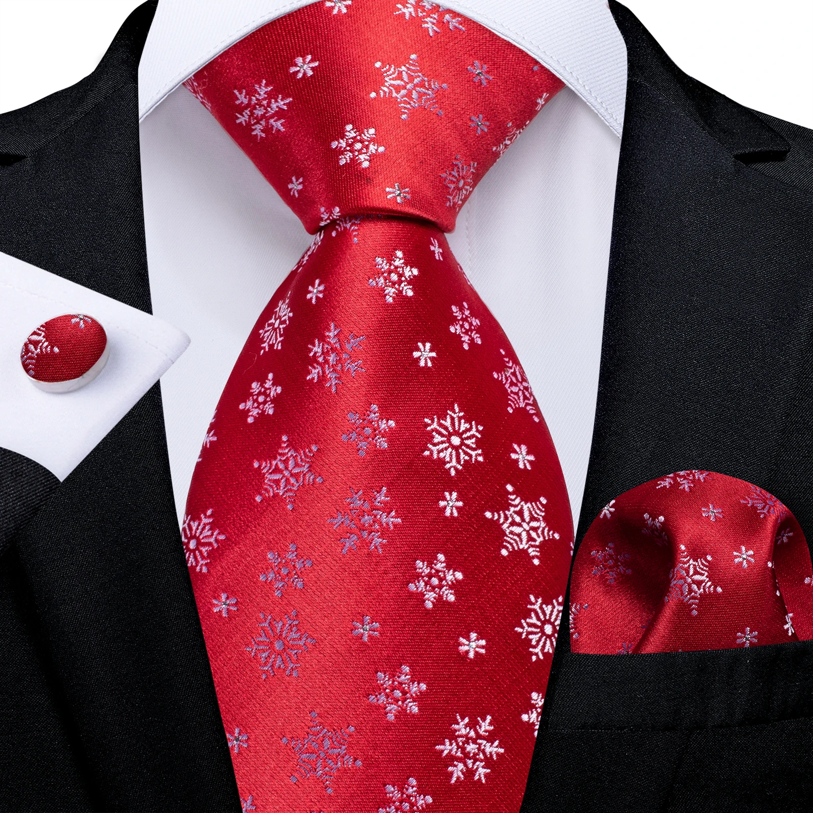 White Snowflake Red Silk Ties for Men Christmas Wedding Party Accessories Pocket Square Cufflinks Gift Wholesale DiBanGu