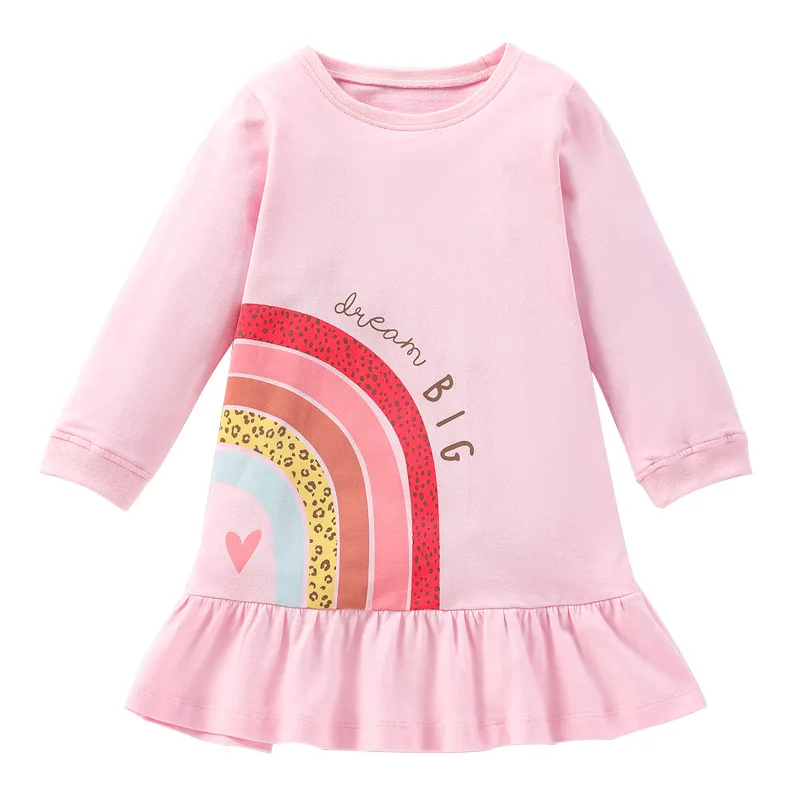 Little maven Baby Girls Dress 2023 New Autumn Girls Elegant Pink Dress Rainbow Prints Children\'s Long Sleeve Dresses Cotton Kids