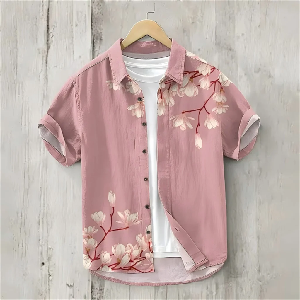 

Flower pattern print, high-quality comfortable linen men's short sleeved shirt, fashionable trend, street outdoor