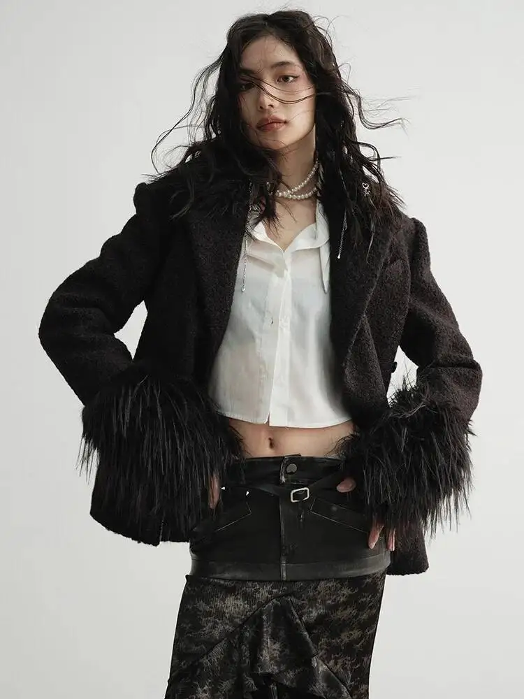 Fur Black Faux Zipper Slim Elegant Woolen Coat New Lapel Long Sleeve Women Jacket Fashion  Autumn Winter 2026 FBEO