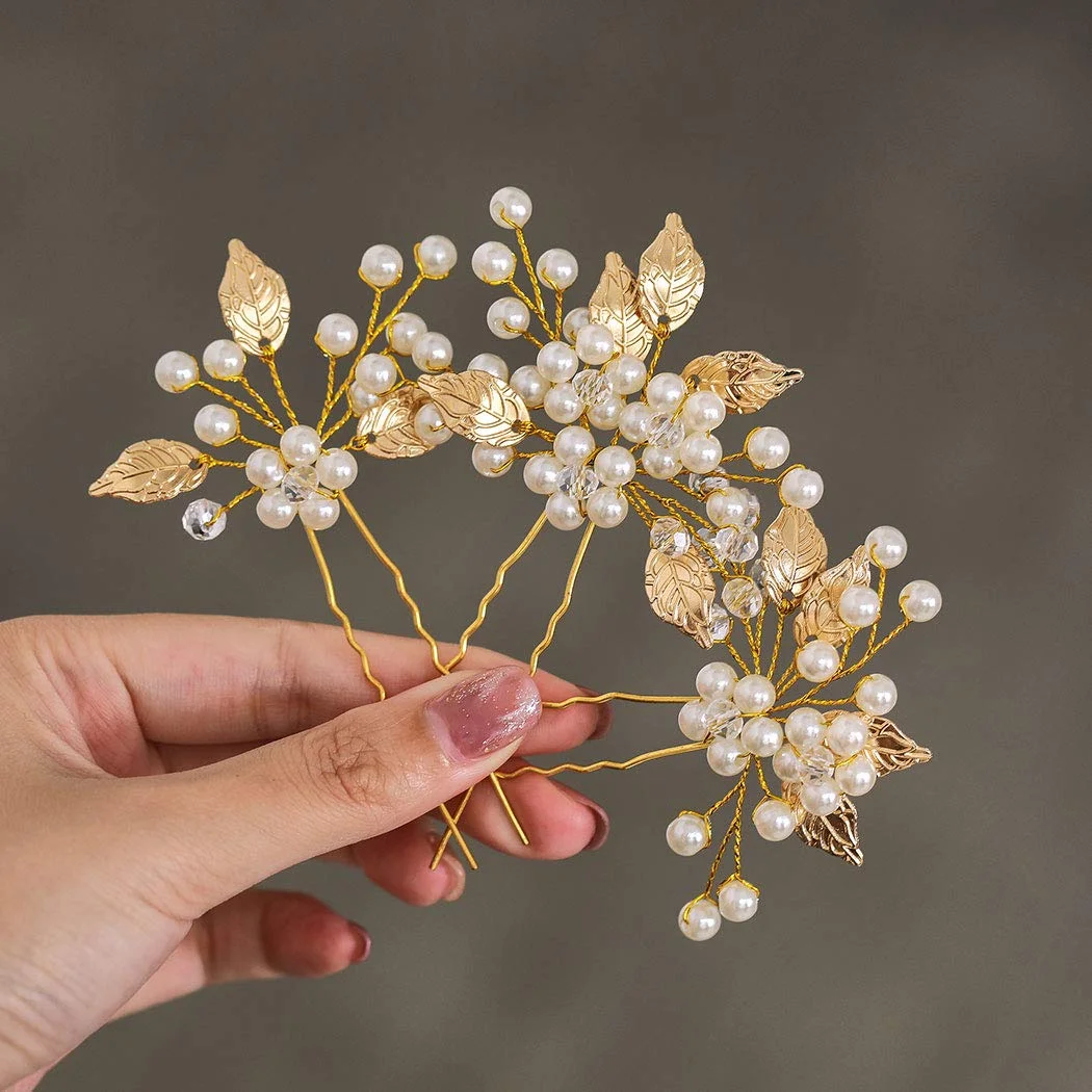 3-Piece Set Handmade Faux Pearl & Crystal Bridal Hair Pins - Elegant Alloy Leaf Design for Bride, Ideal for Wedding flower hair