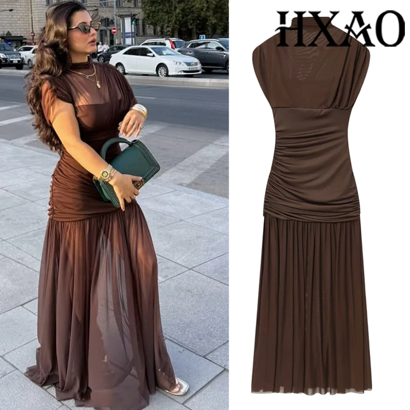 HXAO Braunes Damenkleid, Sommer, Netzstoff, lange Kleider, ärmellos, weiblich, elegante Partykleider, gerüscht, figurbetont, Tüll, Midikleid