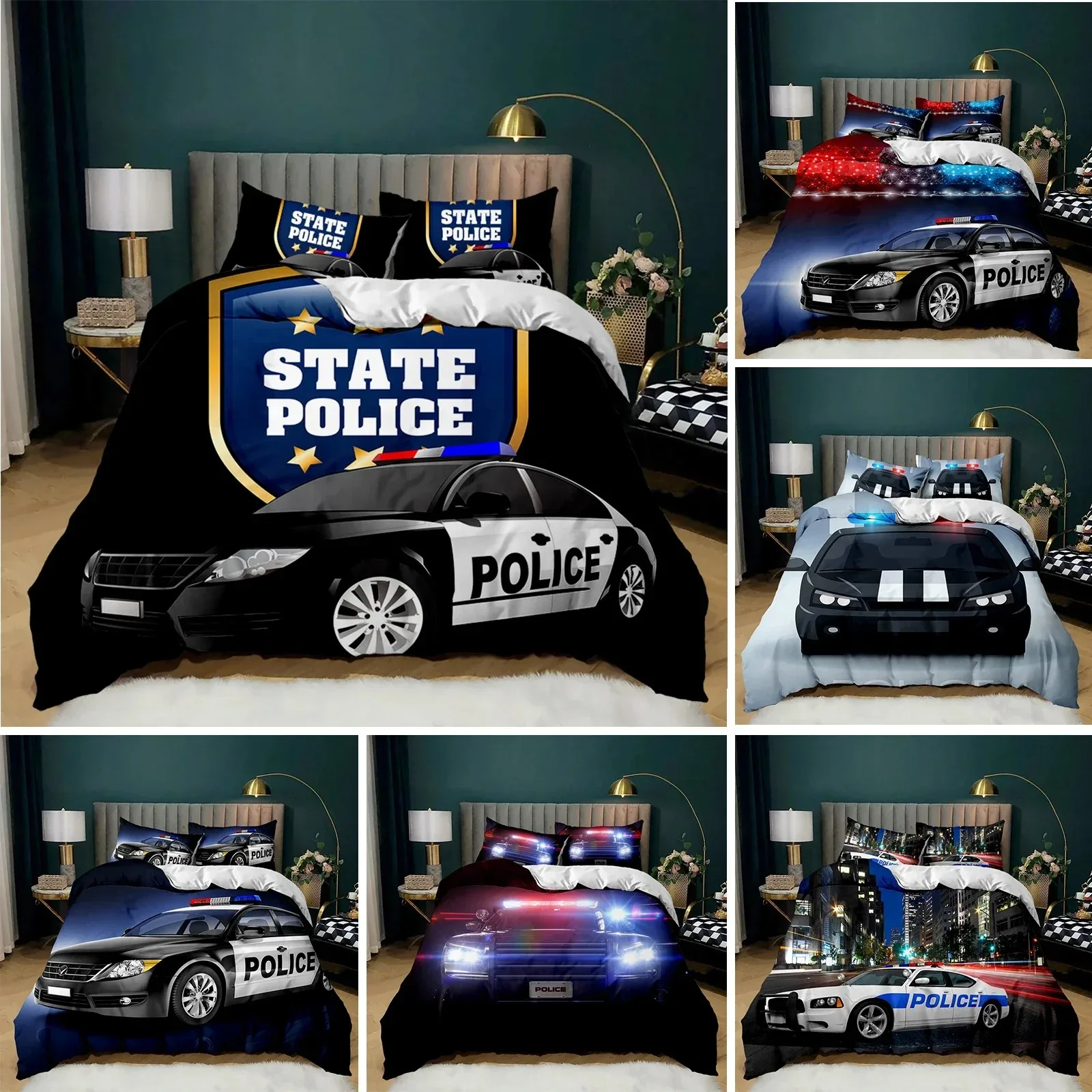 Police Duvet Cover Car Black Policeman Car Twin Bedding Set Cartoon Vehicle Comforter Cover Red Cop Lights Polyester Quilt Cover