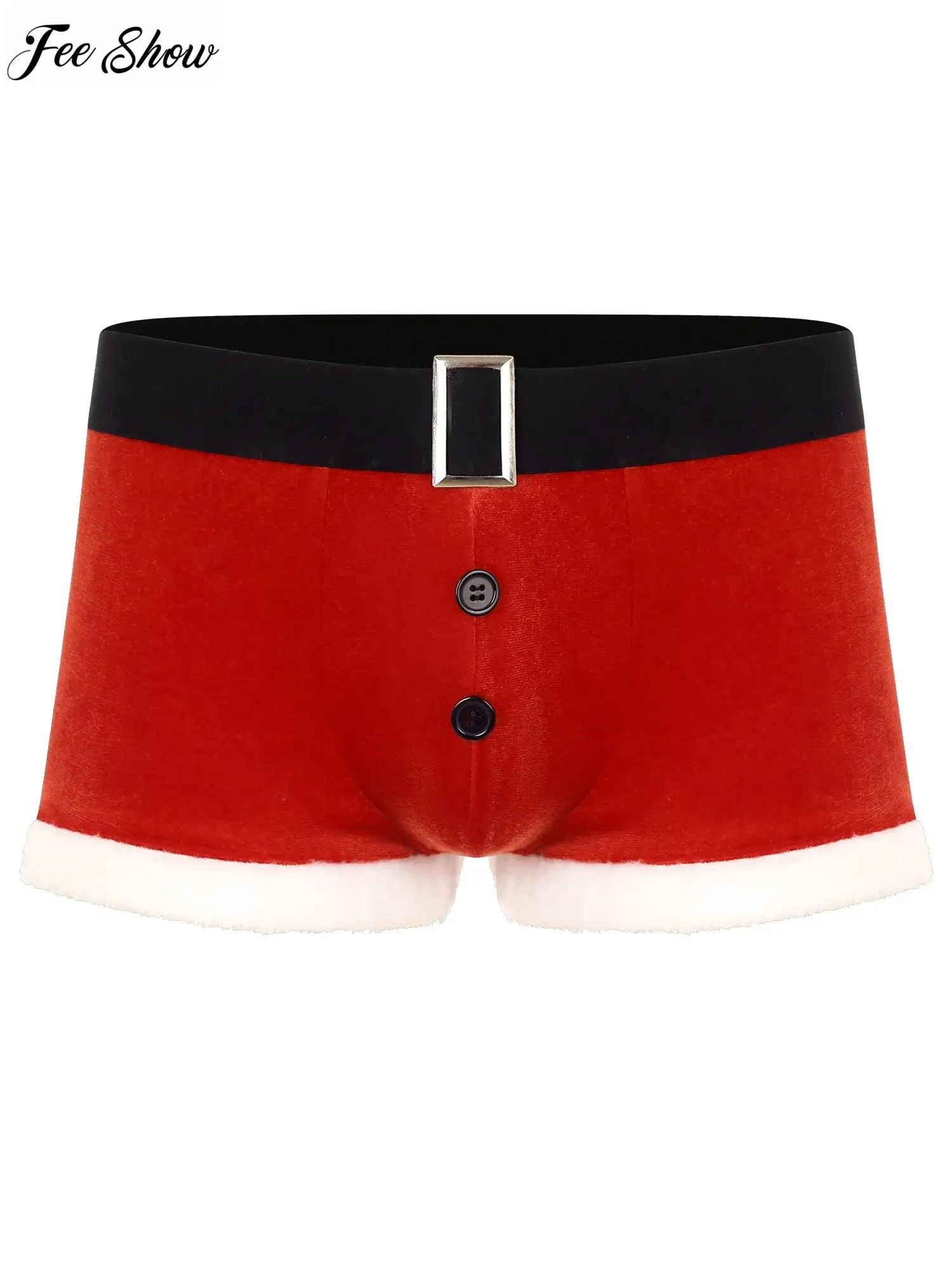 Heren Kerst Zachte Fluwelen Boxershort Lingerie Pluche Witte Bies Santa Ondergoed Bult Buidel Vakantie Slips Voor Kerstfeest