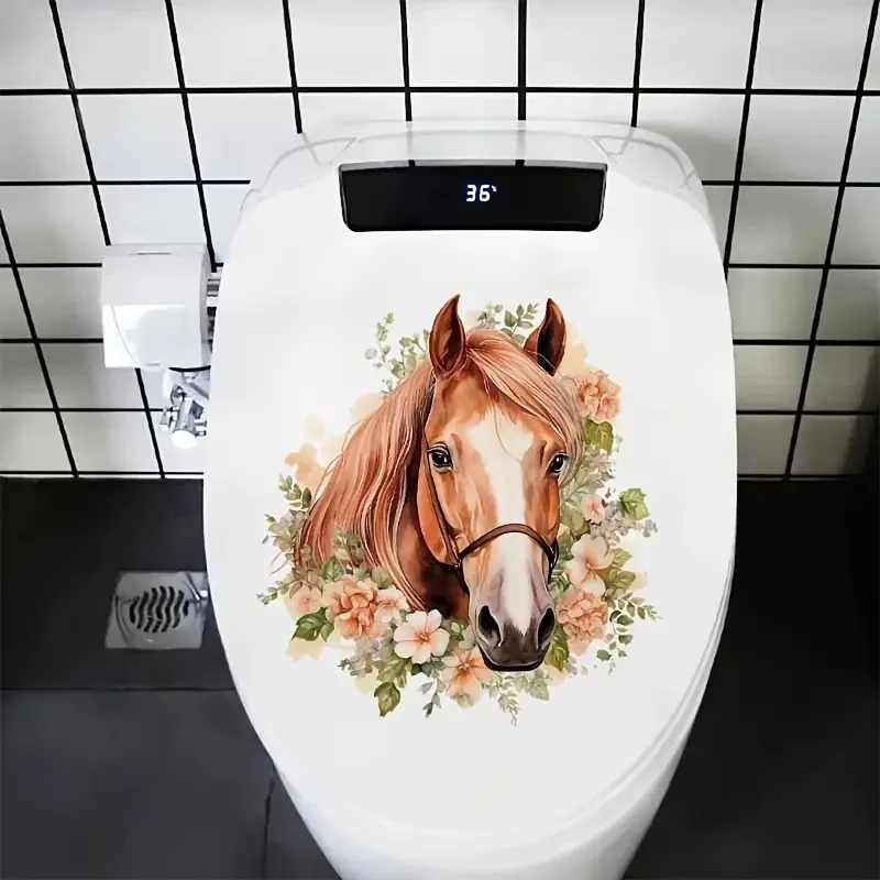 

Handsome Horse Surrounds the Flower Toilet Stickers, Bright Bathroom for Home Decoration, Vinyl Animal Decals