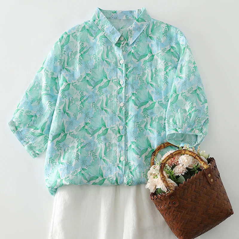 قميص فني من الكتان جديد بتصميم فضفاض وأكمام قصيرة مع ياقة مطبوعة وأزرار أمامية للنساء قطعة علوية مستقيمة رقيقة للصيف